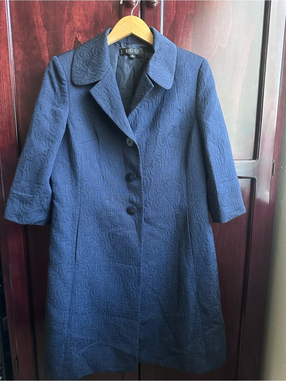 Kasper Jacquard Coat Navy Textured A-Line Blazer Coat